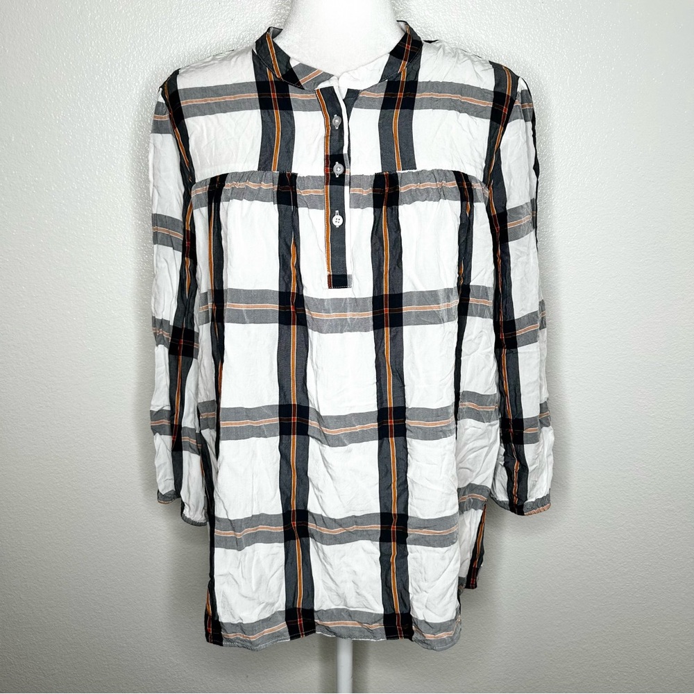 LOFT Womens White & Gray Plaid Long Sleeve Buttoned Popover Top Size XL